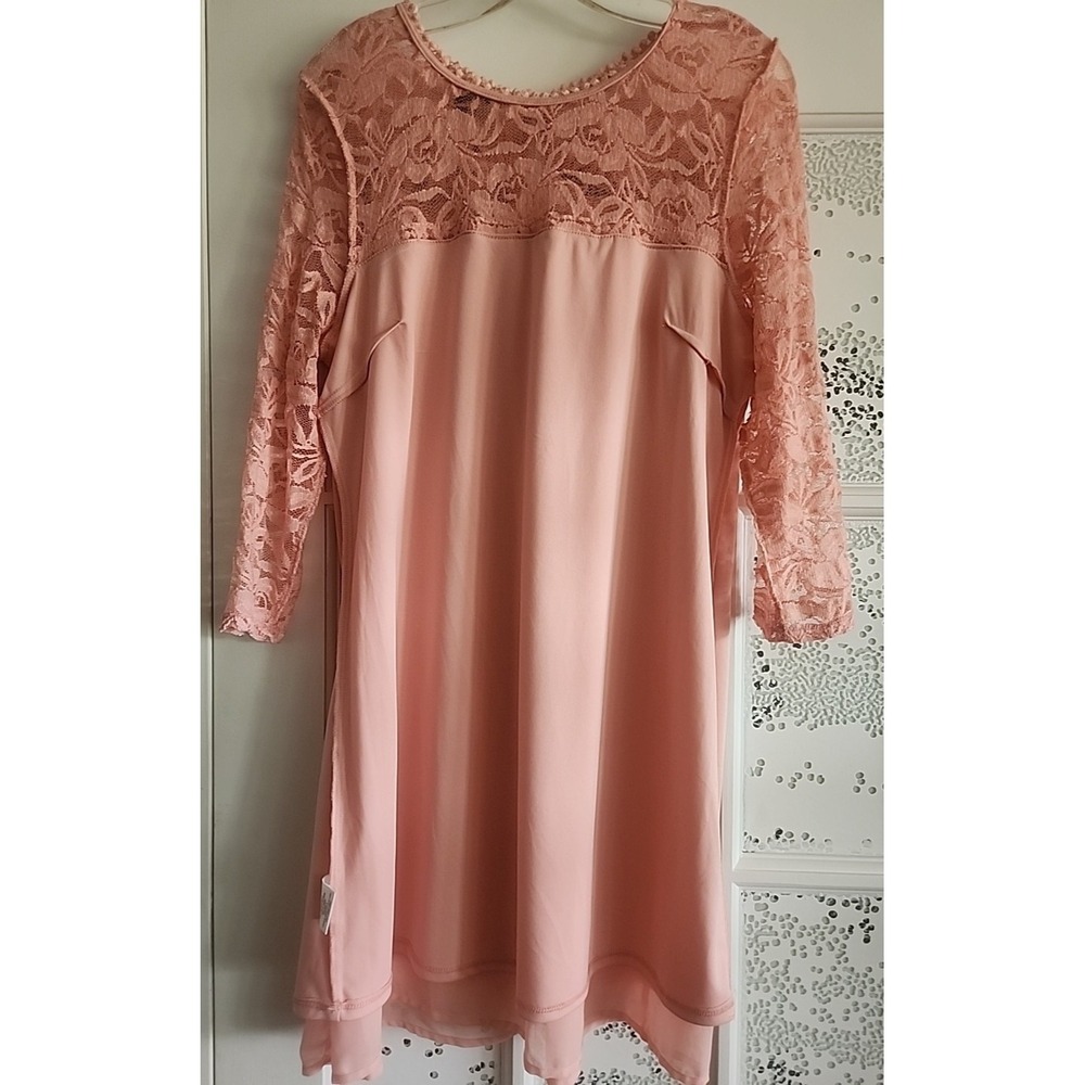 Spring Easter Summer Peach High Waist Baby Doll Dress Lace 3/4 Sleeves Lined‎ L - Picture 5 of 8